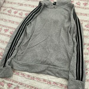 Gray Adidas hoodie with black stripes